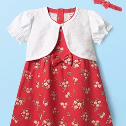 Babyhug 100% Cotton Half Sleeves Floral Printed Frock With Shrug & Headband - Red & White-image-62