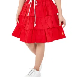 Olele Cotton Flax Woven Solid Layered Skirt - Red-image-83