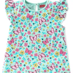 Babyhug 100% Cotton Frill Sleeves Tops with Floral Graphics Pack of 3 - Purple Green & Yellow image 2