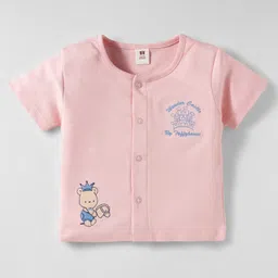 ToffyHouse Cotton Knit Half Sleeves Front Open T-Shirt & Checkered Shorts Set with Bear Embriodery - Peach & Light Blue image 2