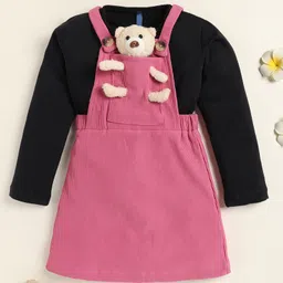 Little Marine Cotton Blend Knit Teddy Bear Applique Detailed Pinafore Dress With Full Sleeves Top - Pink & Black image 3