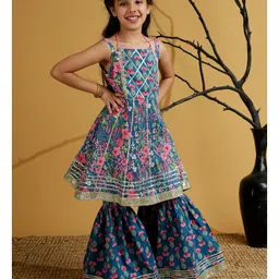 AJ Dezines Cotton Woven Sleeveless Floral Printed Gota Lace Embellished Kurta Sharara Set - Blue image 4