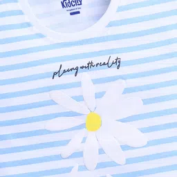 Kidcity Cotton Knit Half Sleeves Striped & Floral Printed Top - Sky Blue image 4