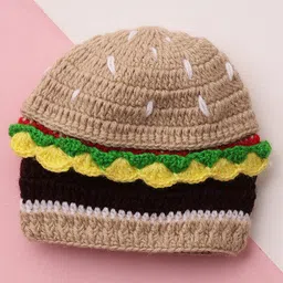 MayRa Knits Hand Knitted Woven Pack Of 2 Burger & Abstract Designed Solid Crochet Caps With Detachable Headband - Black & Beige - Circumference 32 Cm image 3