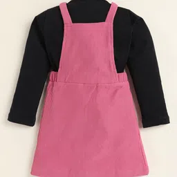 Little Marine Cotton Blend Knit Teddy Bear Applique Detailed Pinafore Dress With Full Sleeves Top - Pink & Black image 4