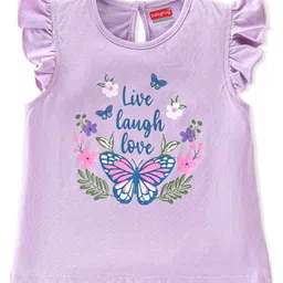 Babyhug 100% Cotton Frill Sleeves Tops with Floral Graphics Pack of 3 - Purple Green & Yellow image 4