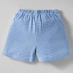 ToffyHouse Cotton Knit Half Sleeves Front Open T-Shirt & Checkered Shorts Set with Bear Embriodery - Peach & Light Blue image 4