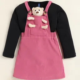 Little Marine Cotton Blend Knit Teddy Bear Applique Detailed Pinafore Dress With Full Sleeves Top - Pink & Black image 5