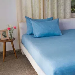 Fabindia Blue Cotton 92 TC Single Bed Sheet With Pillow Cover-image-0