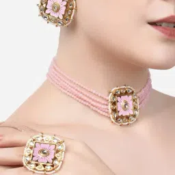 Zaveri Pearls Pink Meenakari Multistrand Beaded Kundan Choker Necklace Earring & Ring Set-ZPFK14650-picture-25