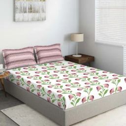 DDecor Alpha Floral White & Pink 144 TC Cotton King Bedsheet with 2 Pillow Covers-picture-33