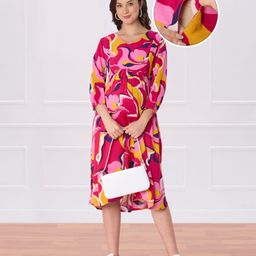 Bella Mama Woven Half Sleeves Maternity Dress With Leaves Print - Pink-picture-37