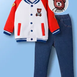 Mark & Mia Knit Full Raglan Sleeves Fleece Sweatshirt & Denim Jeans Winter Wear Set with Bear Embroidery - Red & Blue-picture-38