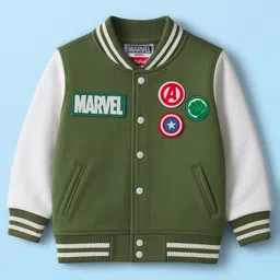 Babyhug Marvel Terry Knit Full Sleeves Bomber Jacket with Avengers Badge Detailing & Kangaroo Pocket - Green-image-80
