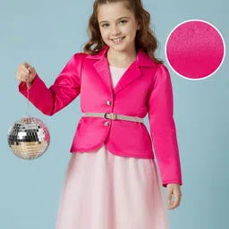 Hola Bonita Woven Mesh Glitter Solid Party Dress & Three Fourth Sleeves Satin Jacket With Belt - Fuchsia-image-69