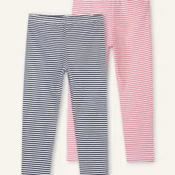 Ariel Cotton Knit Pack Of 2 Striped Leggings - Pink & Black-picture-13