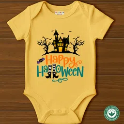 BLUSHES 100% Cotton Knit Halloween Theme Half Sleeves Happy Halloween Text Printed Onesie - Yellow-picture-25