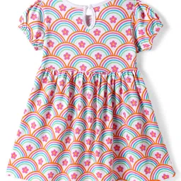 Babyhug Cotton Woven Half Puffed Sleeves Floral & Rainbow Printed Frocks with Headbands & Bow Applique Pack of 2 - Dark Pink & White image 3