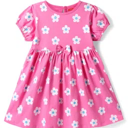 Babyhug Cotton Woven Half Puffed Sleeves Floral & Rainbow Printed Frocks with Headbands & Bow Applique Pack of 2 - Dark Pink & White image 4