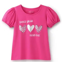 arias by lara dutta Arias Cotton Knit Puffed Sleeves Top with Foil Placement Print - Pink image 5