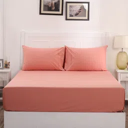 MASPAR Peach-Coloured Solid 200 TC Cotton 1 King Bedsheet with 2 Pillow Covers image 2
