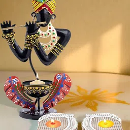 Golden Peacock Black & Red 3 Pieces Krishna Candle Holders-image-46