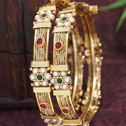 House of Pataudi Set Of 2 Gold-Plated Stone-Studded & Pearl Beaded Bangles-picture-39