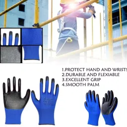 Swavind Safety Hand Gloves Strong Synthetic Fabric Latex & Nitrile Coated Palm with Abrasion Resistance Blue & Black Free Size image 3