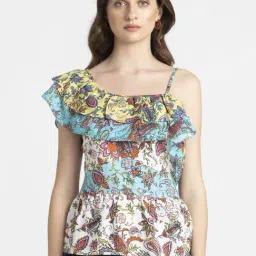 Shaye White Paisley Print Off Shoulder Sleeves Party Top For Women-image-53