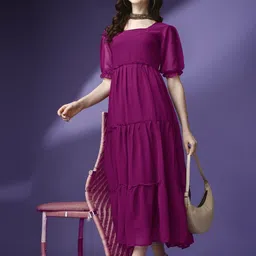 Krunal Raiyani Women Puff Sleeve Fit & Flare Midi Dress-image-87