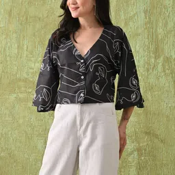 Loomfresh Women Abstract Printed Flared Sleeve Shirt Style Crop Top image 3
