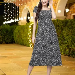 CORSICA Floral Print Puff Sleeve Crepe A-Line Midi Dress-picture-17