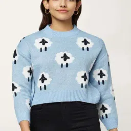 People by Pantaloons Blue Cotton Jacquard Pattern Sweater-image-49