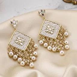 TESSARA Gold-Plated Artificial Stones Studded And Beaded Diamond Shaped Drop Earrings-picture-34