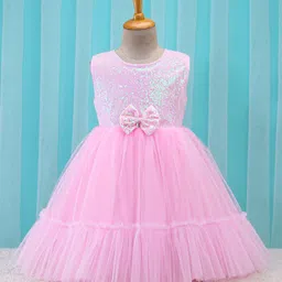 Babyhug Sleeveless Sequinned Party Frock With Bow Applique- Pink-picture-15