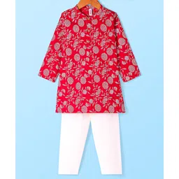 Babyhug Cotton Woven Floral Printed Full Sleeves Kurta & Pyjama Set- Red-picture-10