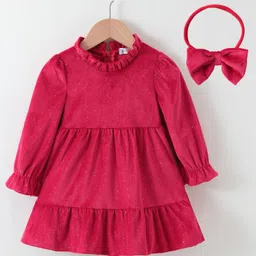 Kookie Kids Full Sleeves Shimmered Party Frock with Headband - Red-image-34