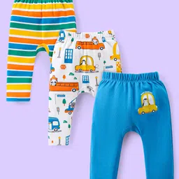 Babyhug Interlock Knit Full Length Diaper Leggings Vehicle & AnimalsPrint Pack of 3 - Blue & White-picture-11