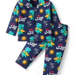 Babyhug Cotton Knit Full Sleeves Co-ords Night Suit with Beach Theme Print - Navy Blue-image-94
