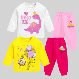 KUCHIPOO Pack Of 2 Full Sleeves Dinosaurs & Balloons Printed Tees & Pajamas Set - Yellow White & Pink-picture-14