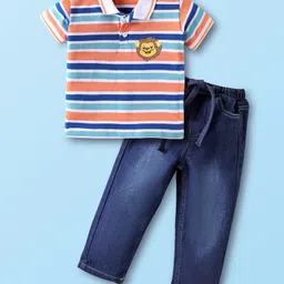 Babyhug Single Jersey Knit Half Sleeves Polo Neck T-Shirt with Stripes Lion Print & Jeans - Blue-picture-18
