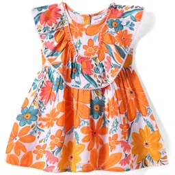 Babyhug Cotton Woven Frill Sleeves Frock with Floral Print & Ruffle - Orange-picture-16