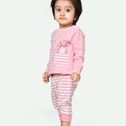 Ariel Pure Cotton Full Sleeves Striped & Baby Bunny Printed Tee & Pajama Set - Pink-picture-11