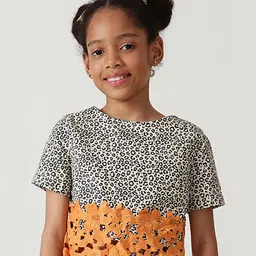 One Friday Viscose Half Sleeves Leopard Printed Floral Lace Detailed Crop Top - Multi Colour-image-1