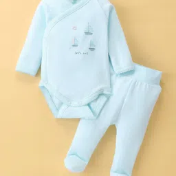 I Bears Interlock Knit Full Sleeves Onesie with Bootie Leggings With Boat Print - Light Blue-image-41