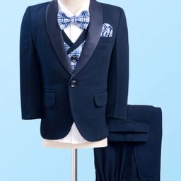 Robo Fry Cotton Woven Full Sleeves Check 4 Piece Party Suit With Bow - Navy Blue-picture-9