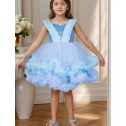 Lagorii Net Woven Sleeveless Shimmered Sequin Embellished Ruffle Detailed Dress - Blue-picture-11