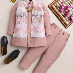 Ahhaaaa Viscose Woven Full Sleeves Solid Kurta Pant With Floral Printed Nehru Jacket & Mala Set - Pink-picture-18