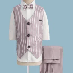 Rikidoos Full Sleeves Striped 3 Piece Party Suit With Bow Set - Grey & White-picture-20