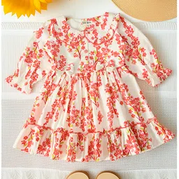 Bella Moda Cotton Woven Half Puffed Sleeves Floral Printed Peter Pan Collar Dress - Red-picture-34